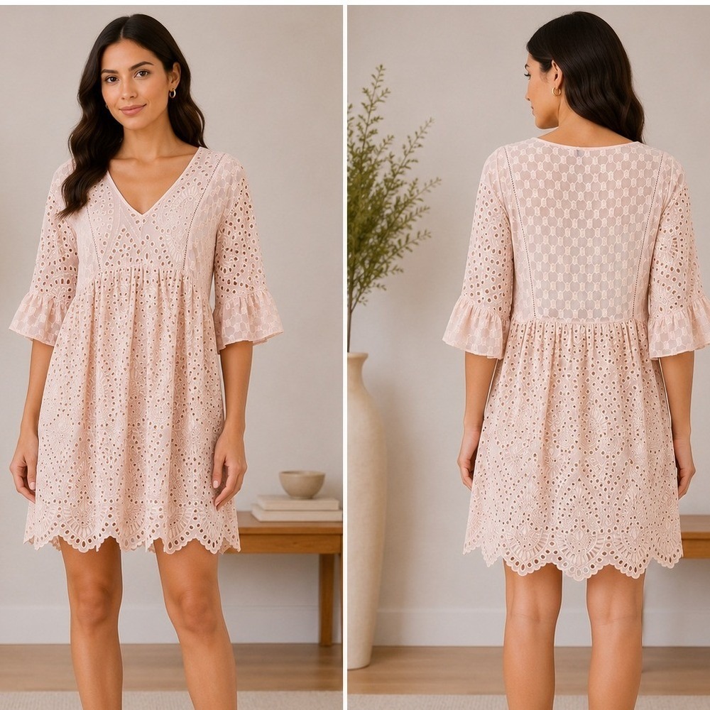 Akemi + Kin‎ Eyelet Dress Sz 6 Pink Boho Eyelet Anthropologie Cottagecore